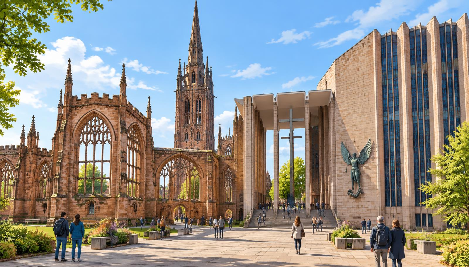 Artist's impression of the ruins of St Michael's Cathedral beside the modern Coventry Cathedral, with visitors crossing the square