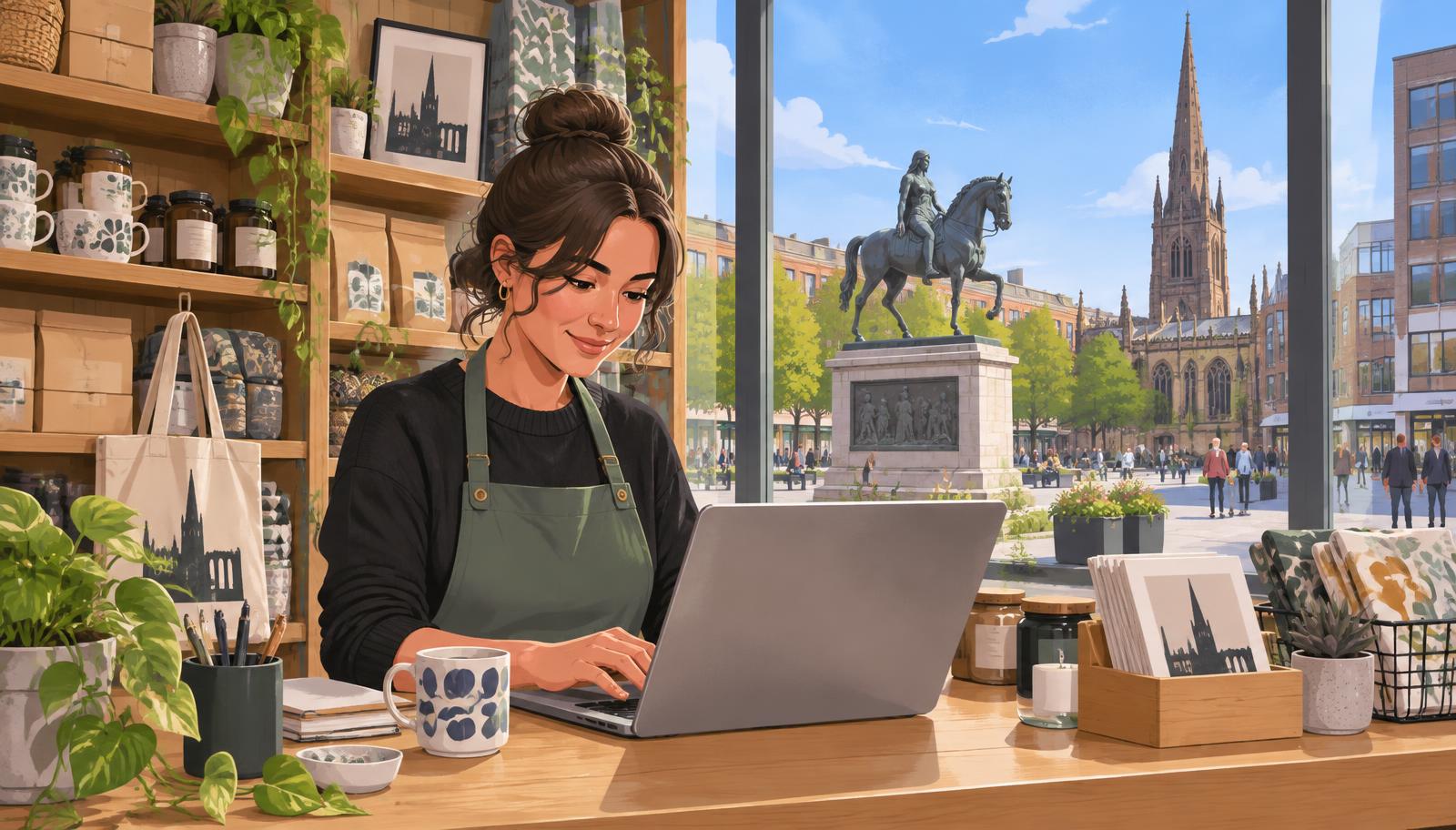 Artist's impression of a Coventry shop owner preparing a business listing on a laptop, with the Lady Godiva statue and a church spire beyond the window