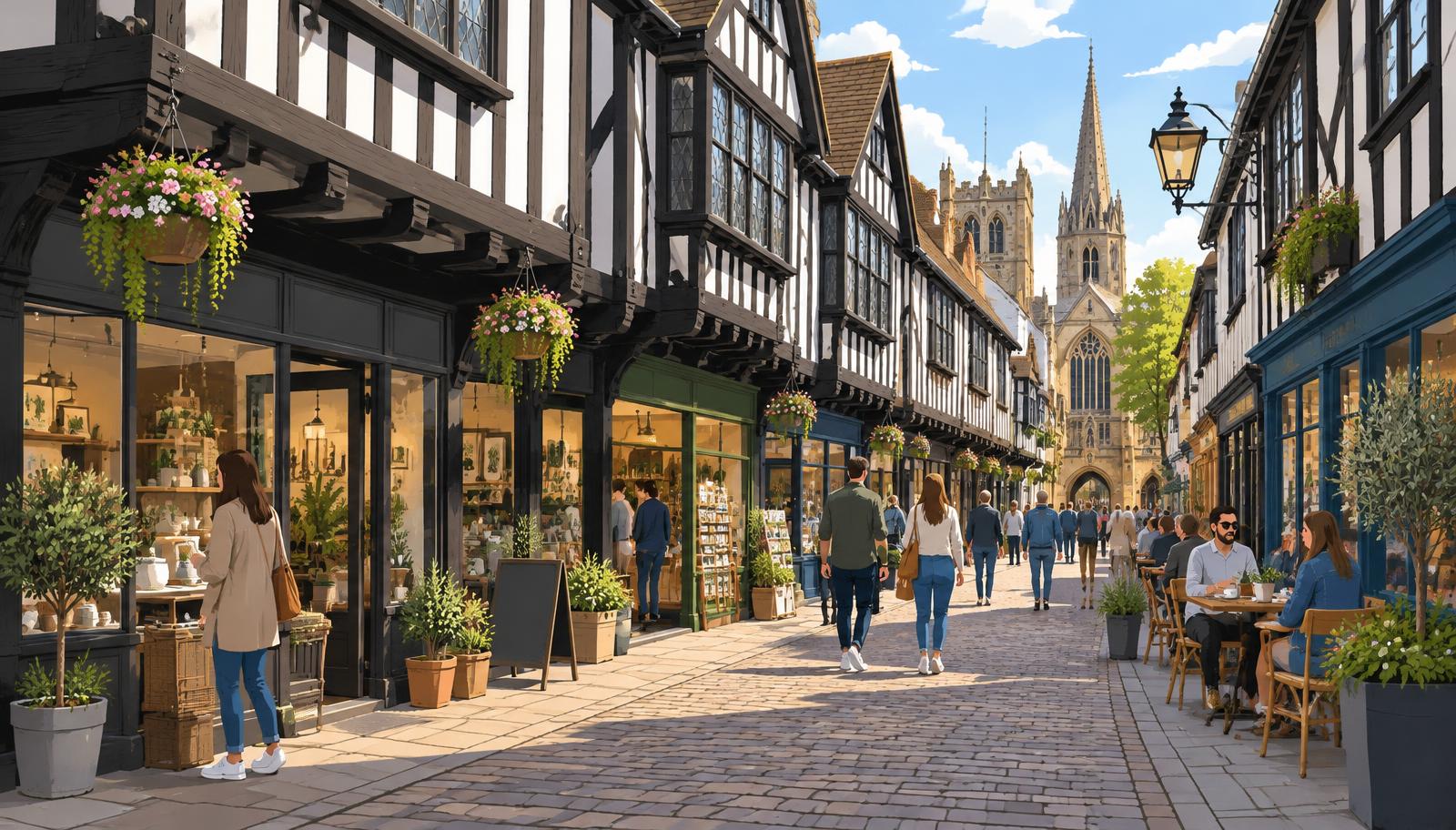 Artist's impression of shoppers outside timber-framed independent shops and cafes on Spon Street, Coventry