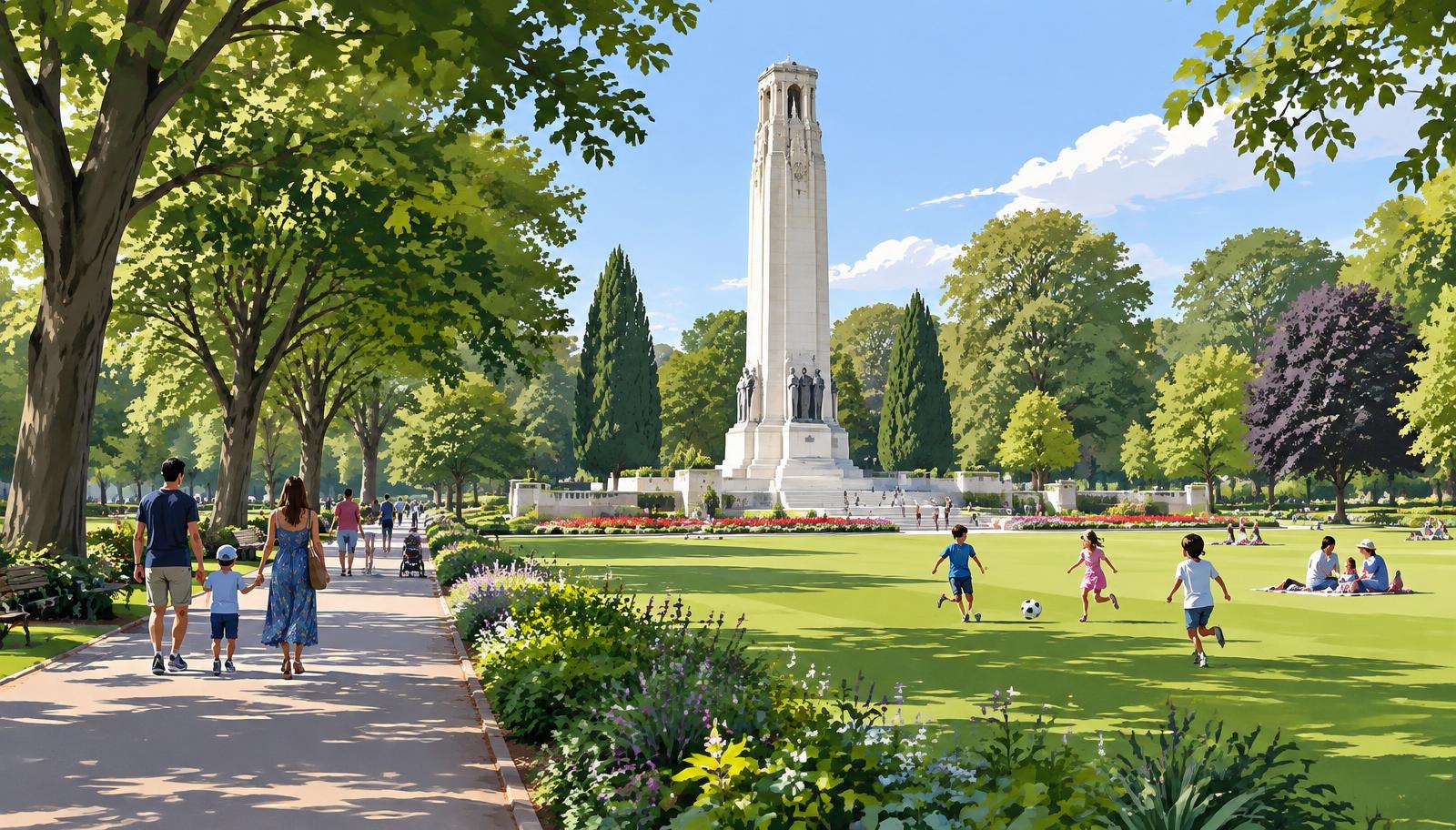Artist's impression of families walking and playing in the War Memorial Park, Coventry, with the memorial tower in the distance